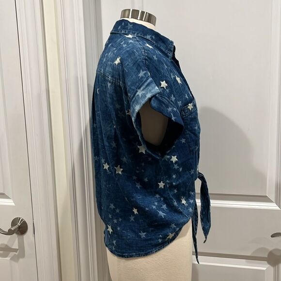 New! ELAN Button Up Front Tie Shirt Blouse Indigo Stars Size Medium NWT - Picture 5 of 12